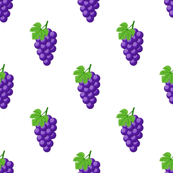 Seamless pattern with purple grapes on white background. Bunch of purple grapes with stem and leaf. Cartoon style. Vector illustration for design, web, wrapping paper, fabric, wallpaper. — Stock Vector