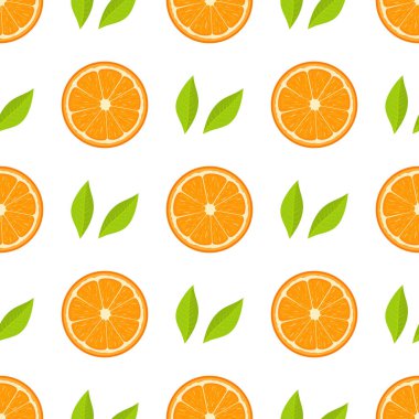 Beyaz arka plan üzerinde taze yarım portakal meyve ve yeşil yaprakları ile Dikişsiz desen. Mandalina. Organik meyve. Çizgi film tarzı. Tasarım, web, ambalaj kağıdı, kumaş, duvar kağıdı için vektör illüstrasyon.