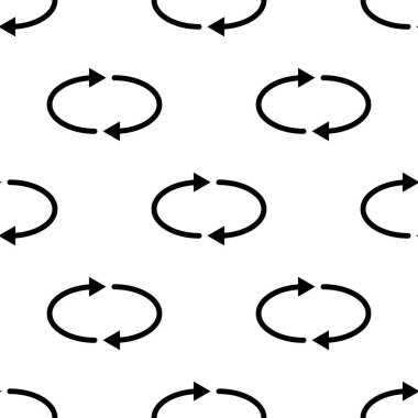 Beyaz arka plan üzerinde yenileme, yeniden yükleme, yineleme simgeleri ile sorunsuz desen. Siyah basit daire okları. Tasarım, web, ambalaj kağıdı, kumaş için vektör illüstrasyon.