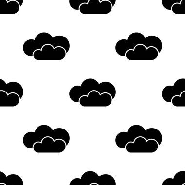 Beyaz arka plan üzerinde bulut siyah siluet ile dikişsiz desen. Çevrimiçi depolama sunucusu kavramı. Tasarım, web, ambalaj kağıdı, kumaş için vektör illüstrasyon.