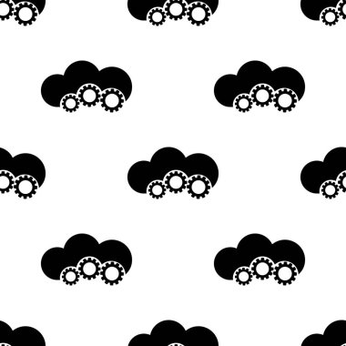 Beyaz arka plan üzerinde bulut ve dişliler ile kesintisiz desen. Online onarım hizmeti konsepti. Bulut hizmeti şablonu. Tasarım, web, ambalaj kağıdı, kumaş için vektör illüstrasyon.