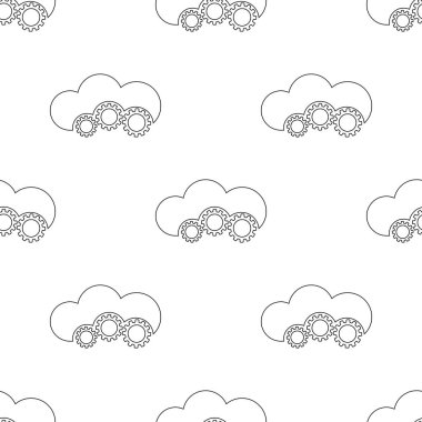 Beyaz arka plan üzerinde bulut ve dişliler ile kesintisiz desen. Online onarım hizmeti konsepti. Bulut hizmeti şablonu. Tasarım, web, ambalaj kağıdı, kumaş için vektör illüstrasyon.