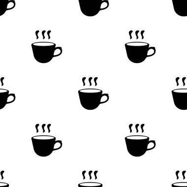 Beyaz arka plan üzerinde kahve veya çay bardağı siyah siluet ile Dikişsiz desen. Basit simge. Tasarım, web, ambalaj kağıdı, kumaş için vektör illüstrasyon.