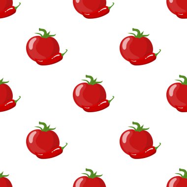 Beyaz arka plan üzerinde izole taze kırmızı domates ve biber ile Dikişsiz desen. Organik gıda. Çizgi film tarzı. Tasarım, web, ambalaj kağıdı, kumaş için vektör illüstrasyon.