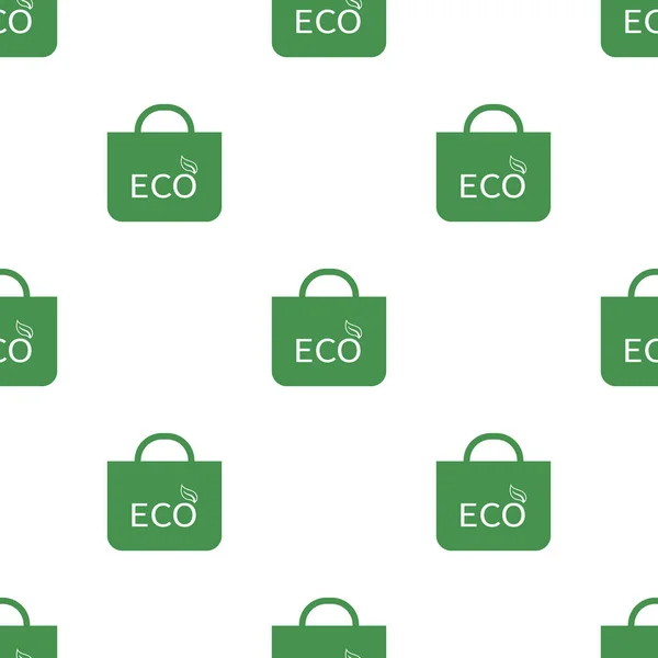 Bezproblemowy wzór z ikoną torby na zakupy ekologiczne. Zielony znak ekologiczny. Chroń planetę. Ilustracja wektorowa do projektowania, www, papier do pakowania, tkanina, tapeta. — Wektor stockowy