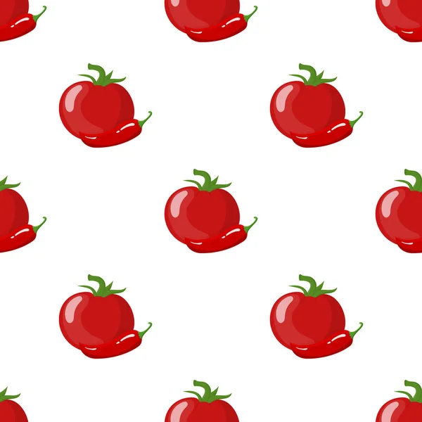 无缝模式与新鲜的红色番茄和辣椒隔离在白色背景。有机食品。卡通风格。用于设计、网页、包装纸、织物的矢量插图. — 图库矢量图片