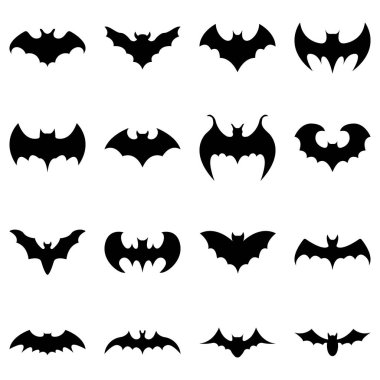 Beyaz arka plan üzerinde izole yarasalar siyah siluetleri kümesi. Uçan yarasakoleksiyonu. Cadılar Bayramı dekoratif unsurlar. Herhangi bir tasarım için vektör çizimi.