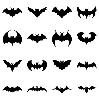 Beyaz arka plan üzerinde izole yarasalar siyah siluetleri kümesi. Uçan yarasakoleksiyonu. Cadılar Bayramı dekoratif unsurlar. Herhangi bir tasarım için vektör çizimi.