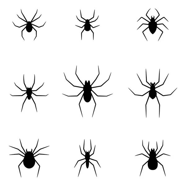 Uppsättning av svarta silhuetter av spindlar isolerade på vit bakgrund. Halloween dekorativa element. Vektor illustration för alla typer av design. — Stock vektor