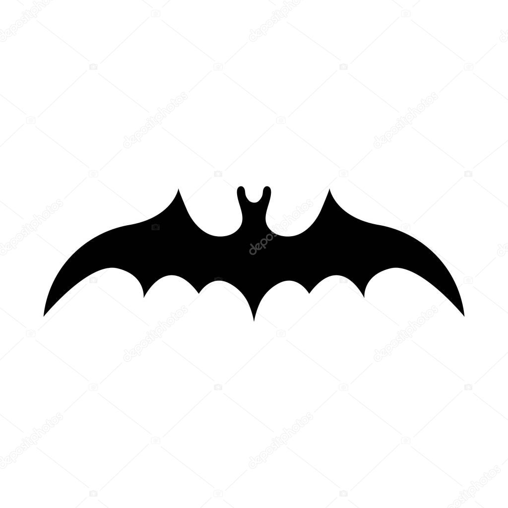 Black silhouette of bat isolated on white background. Halloween decorative element. Vector illustration for any design.