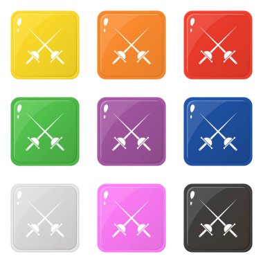 Çapraz rapiers simgeleri beyaz izole 9 renk ayarlayın. Eskrim konsepti. Parlak kare renkli düğmeleri koleksiyonu. Herhangi bir tasarım için vektör çizimi.