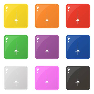 Rapier simgeleri beyaz izole 9 renk ayarlayın. Eskrim konsepti. Parlak kare renkli düğmeleri koleksiyonu. Herhangi bir tasarım için vektör çizimi.