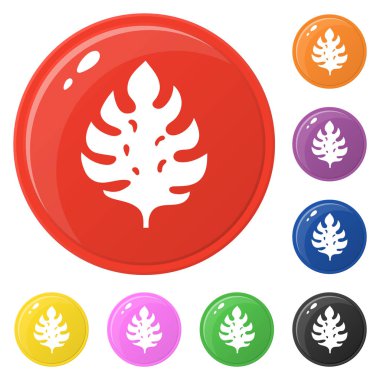 Monstera yaprak simgeleri beyaz izole 8 renk ayarlayın. Parlak yuvarlak renkli düğmeler koleksiyonu. Herhangi bir tasarım için vektör çizimi.