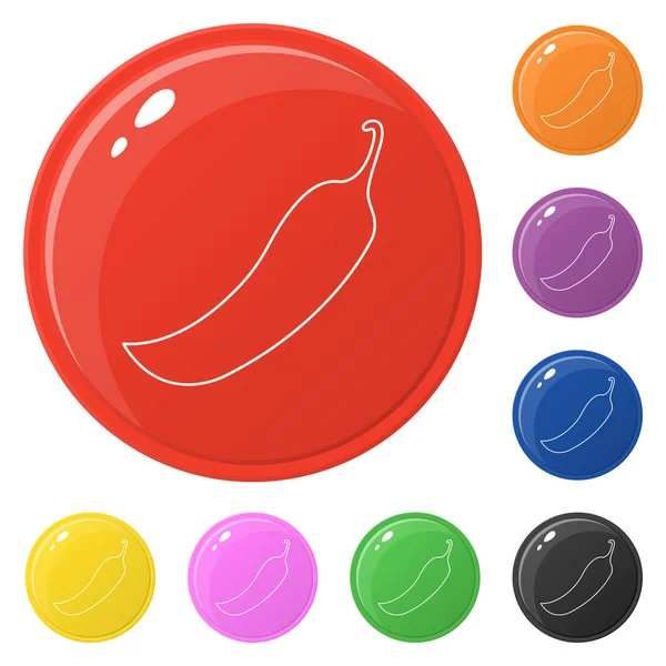 Le icone del peperoncino stile linea impostano 8 colori isolati sul bianco. Collezione di pulsanti colorati rotondi lucidi. Illustrazione vettoriale per qualsiasi progetto . — Vettoriale Stock