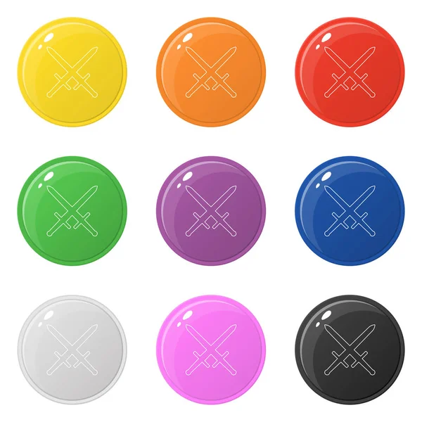 Style ligne épée icônes d'arme mis 9 couleurs isolées sur blanc. Collection de boutons colorés ronds brillants. Illustration vectorielle pour tout design . — Image vectorielle