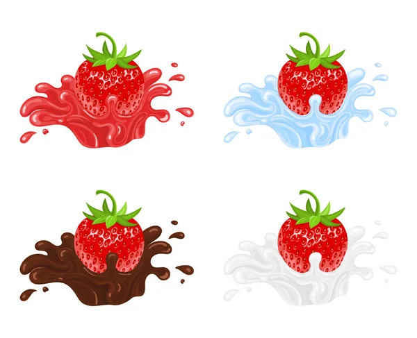 Set de fresas rojas frescas realistas con zumo, agua, chocolate y salpicaduras de leche aisladas sobre fondo blanco. Comida dulce. Fruta orgánica. Ilustración vectorial para cualquier diseño . — Vector de stock