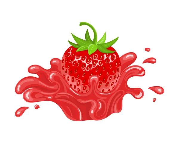 Fresa roja fresca y realista con salpicadura de jugo aislada sobre fondo blanco. Comida dulce. Fruta orgánica. Ilustración vectorial para cualquier diseño . — Vector de stock