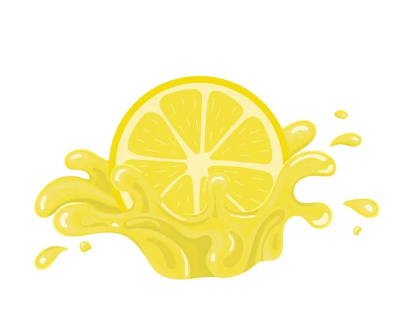 白い背景に分離ジューススプラッシュと黄色の新鮮なカットスライスレモン。甘い食べ物。オーガニックフルーツ任意のデザインのベクトルイラストレーション. — ストックベクタ
