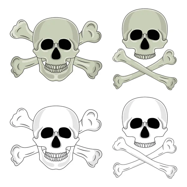 Serie di teschi con ossa incrociate isolate su sfondo bianco. Cartone animato cranio umano con mascella. Illustrazione vettoriale per qualsiasi progetto . — Vettoriale Stock