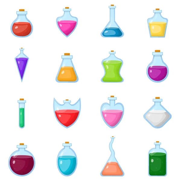 Set of magic potion isolated on white background. Magical potion in bottle. Chemical or alchemy elixir. Cartoon style. Vector illustration for any design. — Stock Vector