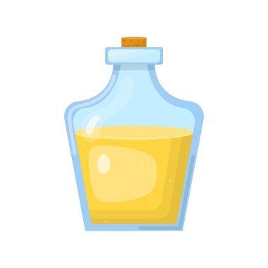 Beyaz arka planda izole sarı sıvı ile şişe sihirli iksir. Kimyasal veya simya iksiri. Herhangi bir tasarım için vektör Illustration.