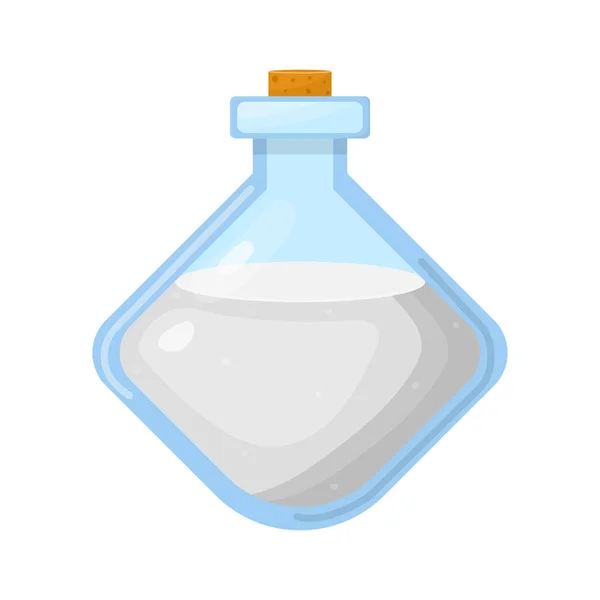 Poção mágica em garrafa com líquido branco isolado sobre fundo branco. Elixir químico ou alquimico. Ilustração vetorial para qualquer projeto . — Vetor de Stock