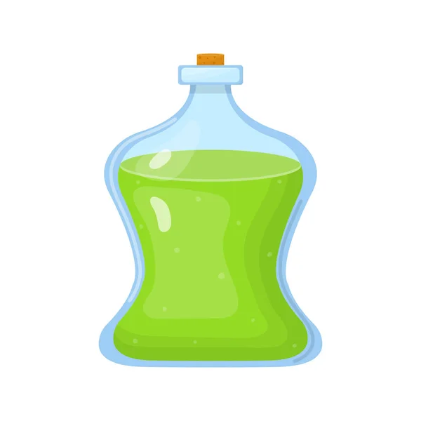 Чарівне зілля в пляшці з зеленою рідиною ізольовано на білому тлі. Хімічний або алхімічний еліксир. Векторні ілюстрації для будь-якого дизайну . — стоковий вектор