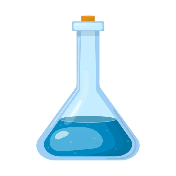 Kouzelný lektvar v láhvi s modrou tekutinou izolovanou na bílém pozadí. Chemický nebo alchymie elixír. Vektorová ilustrace pro libovolný návrh. — Stockový vektor