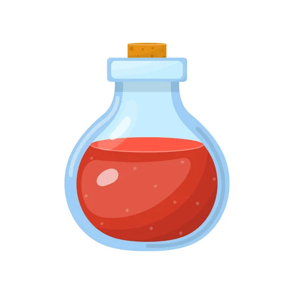 Magic potion in bottle with red liquid isolated on white background. Chemical or alchemy elixir. Vector illustration for any design. — Stock Vector