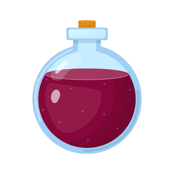Волшебное зелье в бутылке с виноградной жидкостью изолированы на белом фоне. Химический или алхимический эликсир. Векторная иллюстрация для любого дизайна . — стоковый вектор