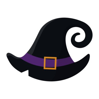 Beyaz arka plan üzerinde izole toka ile Karikatür siyah cadı şapka. Çocuk kostüm maskeli parti. Cadılar Bayramı için tasarım öğesi. Vektör çizimi.