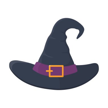 Beyaz arka plan üzerinde izole toka ile Karikatür siyah cadı şapka. Çocuk kostüm maskeli parti. Cadılar Bayramı için tasarım öğesi. Vektör çizimi.