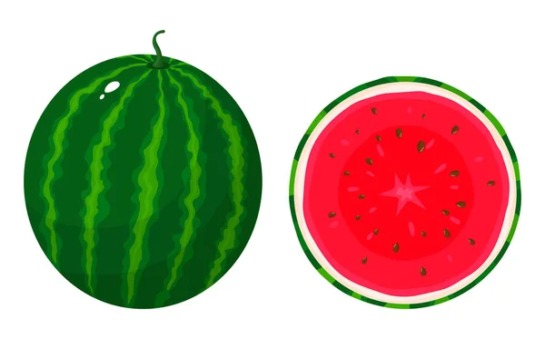 Set di tutto colorato e mezzo di anguria succo isolato su sfondo bianco. Bacche fresche di cartone animato. Illustrazione vettoriale per qualsiasi progetto . — Vettoriale Stock