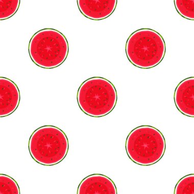Beyaz arka plan üzerinde izole suyu karpuz renkli yarısı ile Dikişsiz desen. Taze çizgi film meyveleri. Tasarım, web, ambalaj kağıdı, kumaş için vektör illüstrasyon.