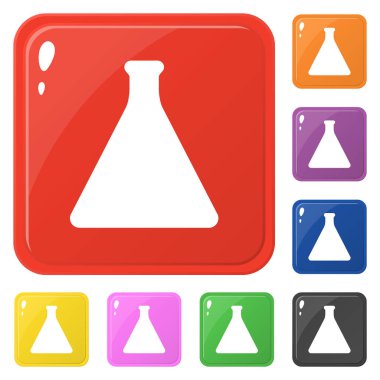 Şişe iksiri simgeleri beyaz izole 8 renk ayarlayın. Parlak kare renkli düğmeleri koleksiyonu. Herhangi bir tasarım için vektör çizimi.