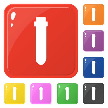 Şişe laboratuvar cam simgeleri beyaz izole 8 renk ayarlayın. Parlak kare renkli düğmeleri koleksiyonu. Herhangi bir tasarım için vektör çizimi.