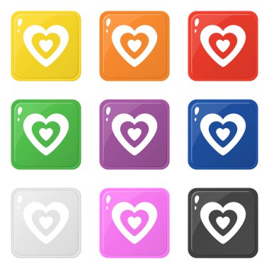 Kalp simgeleri beyaz izole 9 renk ayarlayın. Parlak kare renkli düğmeleri koleksiyonu. Herhangi bir tasarım için vektör çizimi.