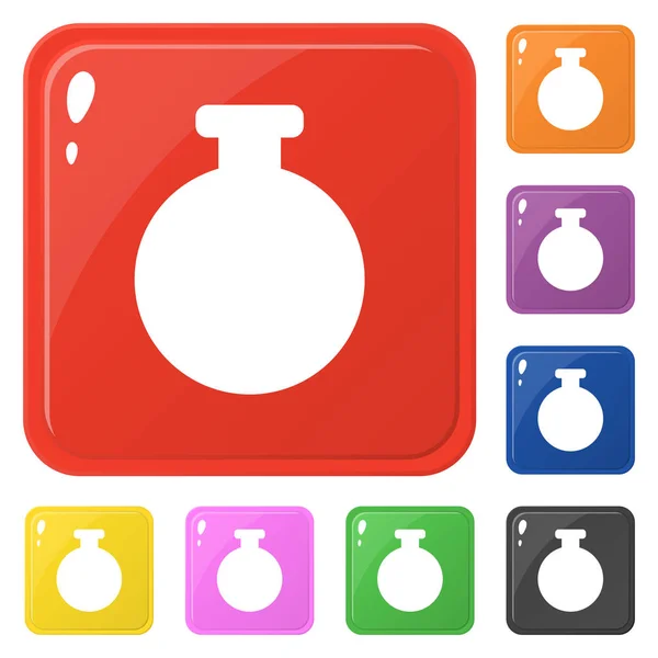 Пляшкові піктограми встановлюють 8 кольорів ізольовані на білому. Колекція глянцевих квадратних барвистих кнопок. Векторні ілюстрації для будь-якого дизайну . — стоковий вектор