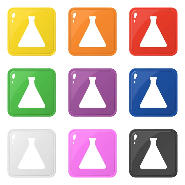 Іконки еліксиру пляшок встановлюють 9 кольорів ізольовані на білому. Колекція глянцевих квадратних барвистих кнопок. Векторні ілюстрації для будь-якого дизайну . — стоковий вектор