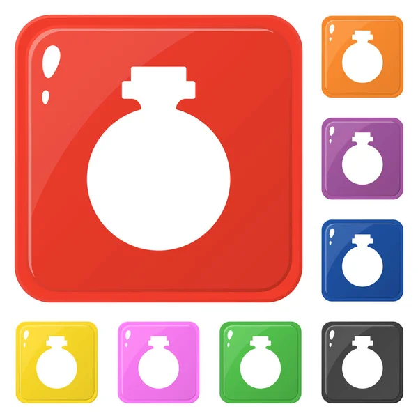 Бутылка фляжки зелье значки установить 8 цветов изолированы на белом. Коллекция глянцевых квадратных красочных кнопок. Векторная иллюстрация для любого дизайна . — стоковый вектор