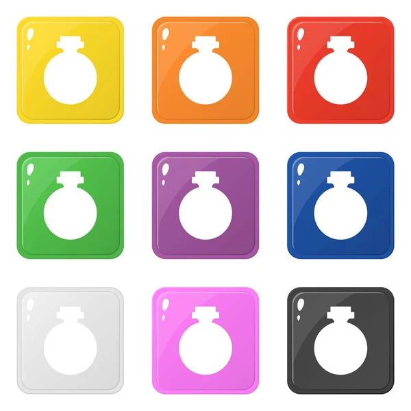 Bottle flask potion icons set 9 colors isolated on white. Collection of glossy square colorful buttons. Vector illustration for any design. — Stock Vector