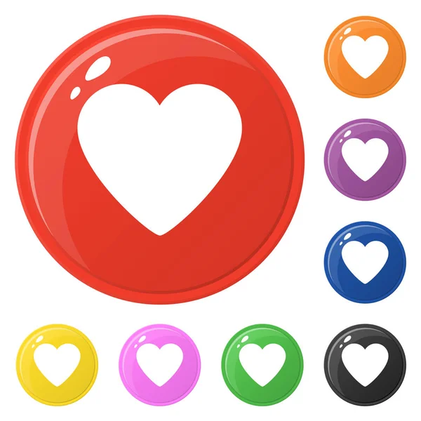 Heart icons set 8 colors isolated on white. Collection of glossy round colorful buttons. Vector illustration for any design. — Stock Vector