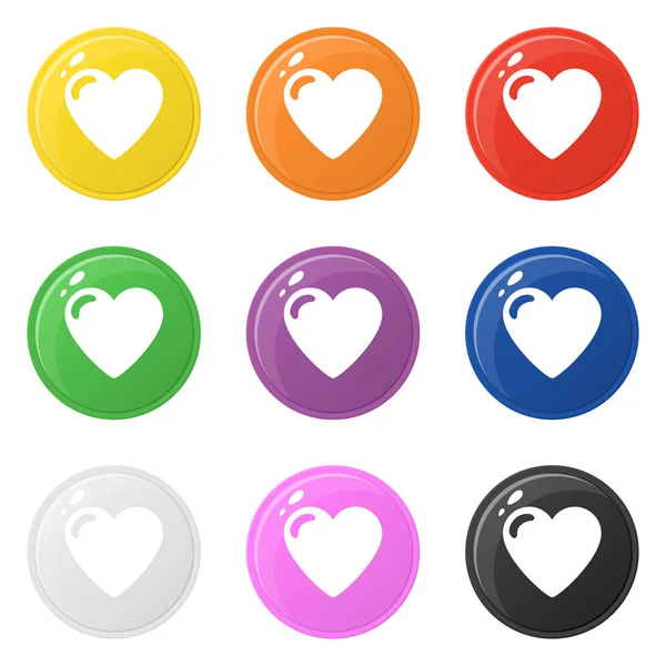 Heart icons set 9 colors isolated on white. Collection of glossy round colorful buttons. Vector illustration for any design. — Stock Vector