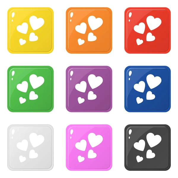 Heart icons set 9 colors isolated on white. Collection of glossy square colorful buttons. Vector illustration for any design. — Stock Vector