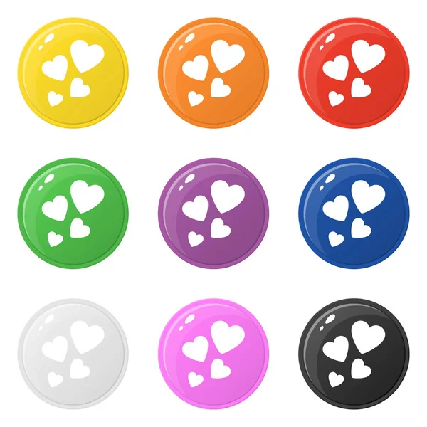 Ikony srdce nastavují 9 barev izolovaných na bílém. Kolekce lesklých barevných tlačítek. Vektorová ilustrace pro libovolný návrh. — Stockový vektor