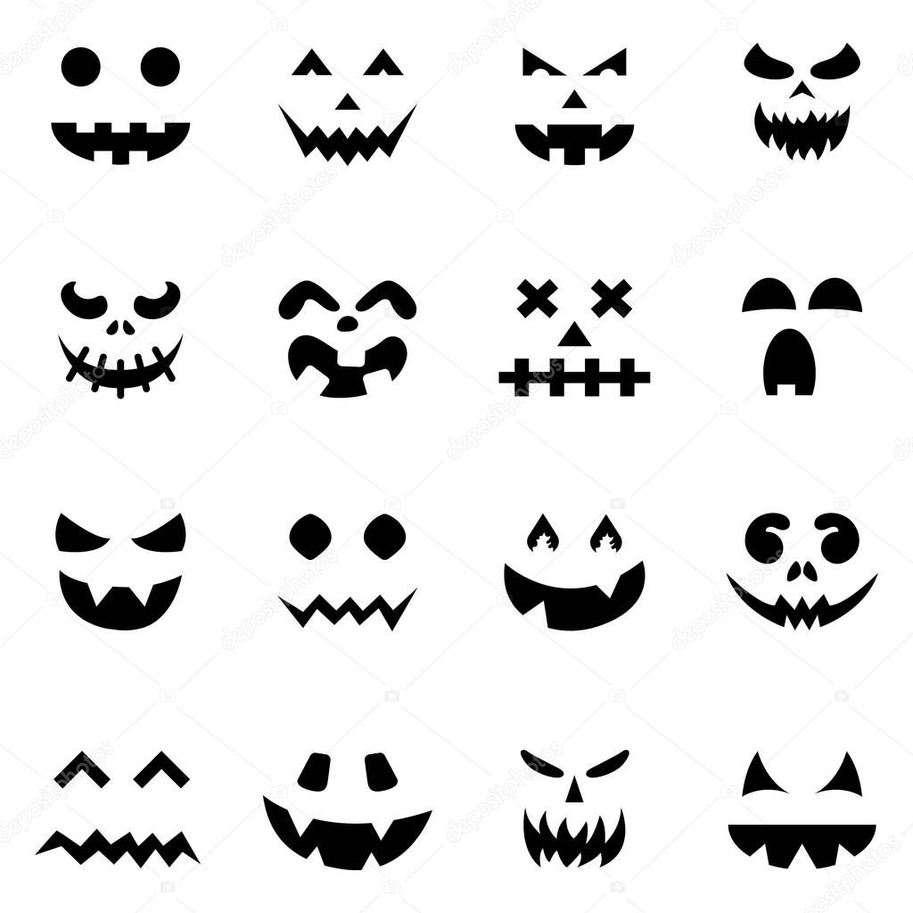 Set of pumpkin faces silhouette icons for Halloween isolated on white background. Scary pumpkin devil smile, spooky jack o lanter. Vector illustration for any design.