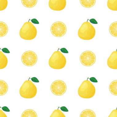 Taze, parlak egzotik bir bütüne sahip kusursuz bir desen ve beyaz arka planda dilimlenmiş nar meyvesi. Sağlıklı yaşam için yaz meyveleri. Organik meyve. Çizgi film tarzı. Herhangi bir tasarım için vektör illüstrasyonu.