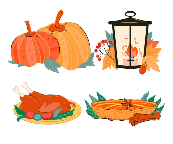 Autumn party dinner and holiday decoration set of flat vector illustration isolated on white background. Thanksgiving or Halloween holiday elements including turkey and pumpkin pie.