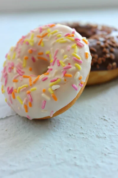 Photos Different Donuts Assorted Colorful Donuts Pink Green Chocolate Icing — Stock Photo, Image