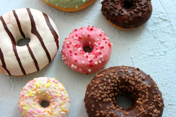 Photos Different Donuts Assorted Colorful Donuts Pink Green Chocolate Icing — Stock Photo, Image